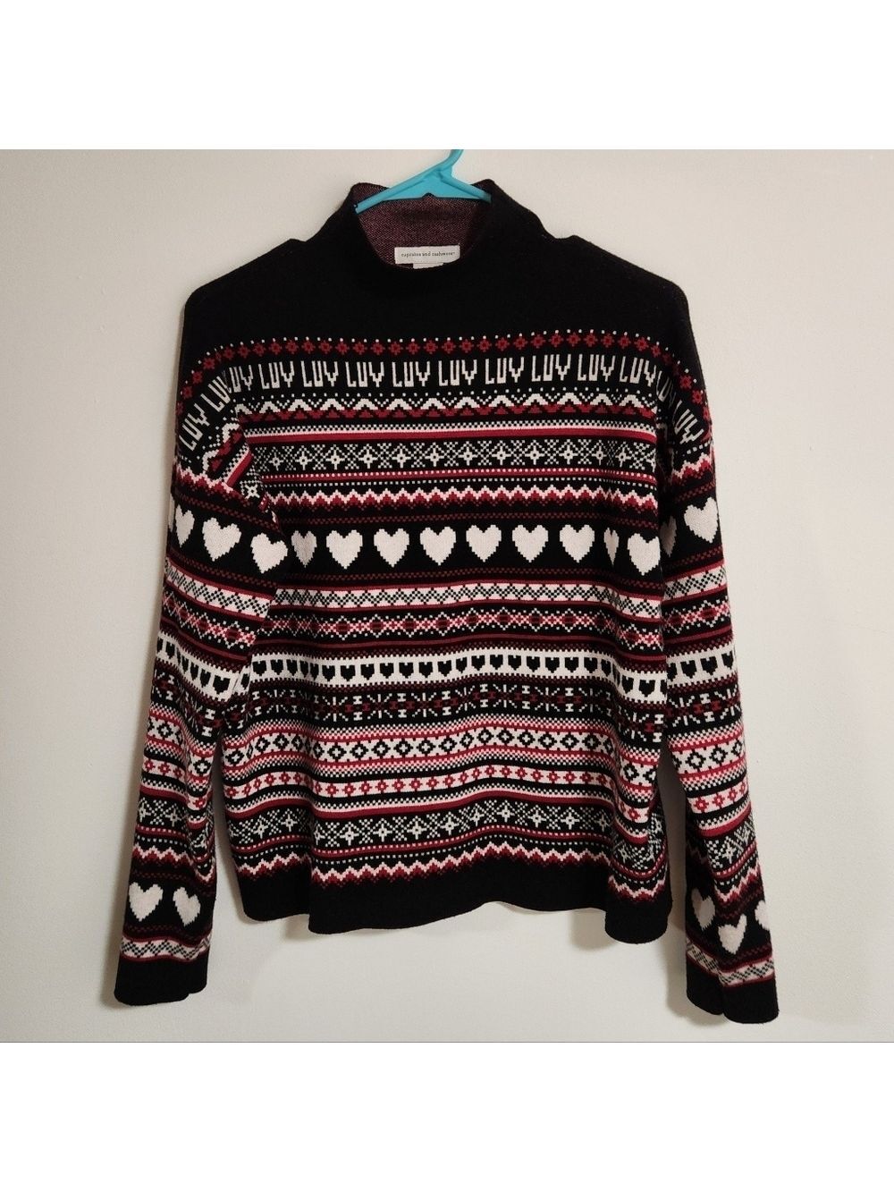 Cupcakes & Cashmere LUV Fair Isle Knit Sweater Mock Neck Black Red White Hearts